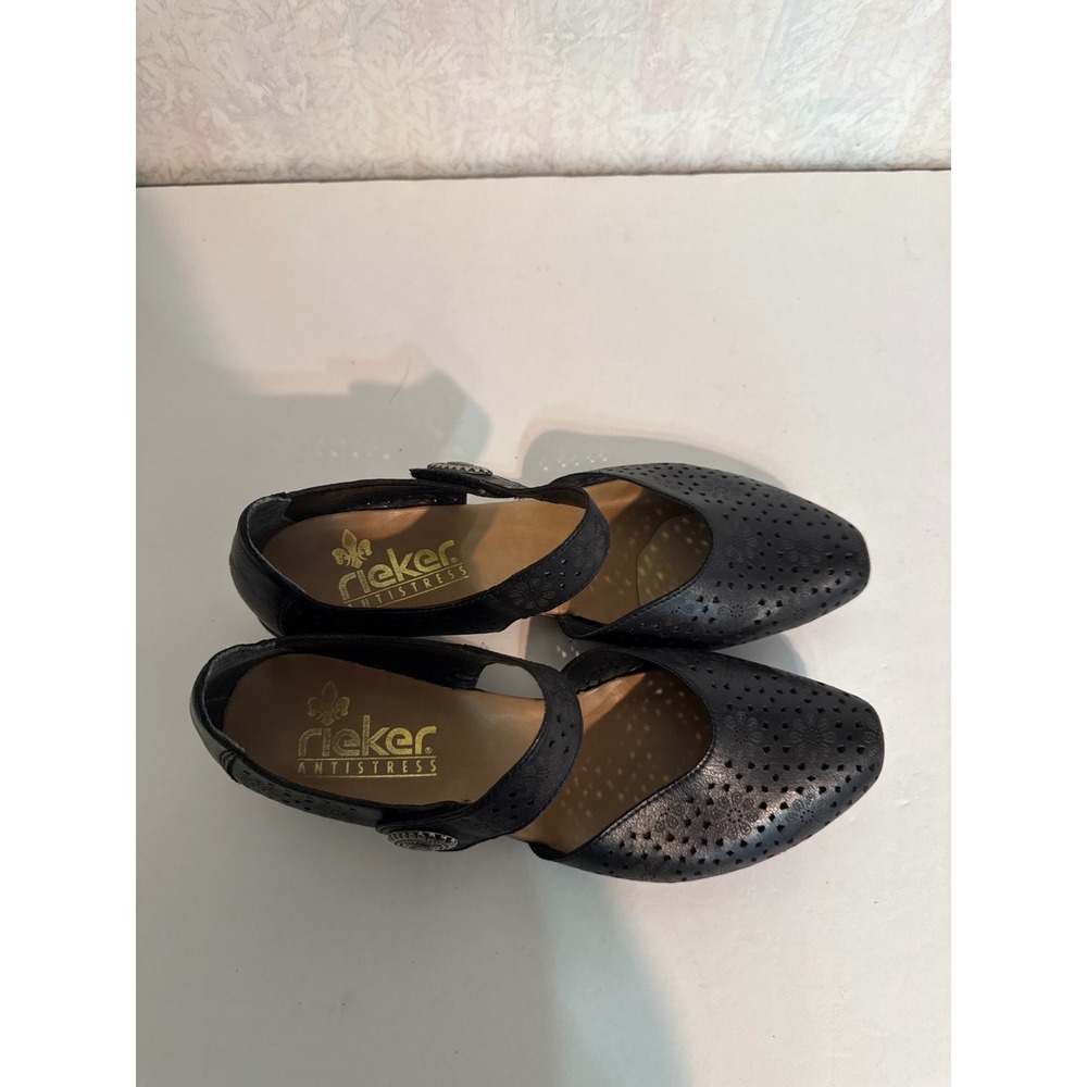 Rieker Antistress Black Leather Perforated Mary Jane Pumps Size 40 - Picture 5 of 7